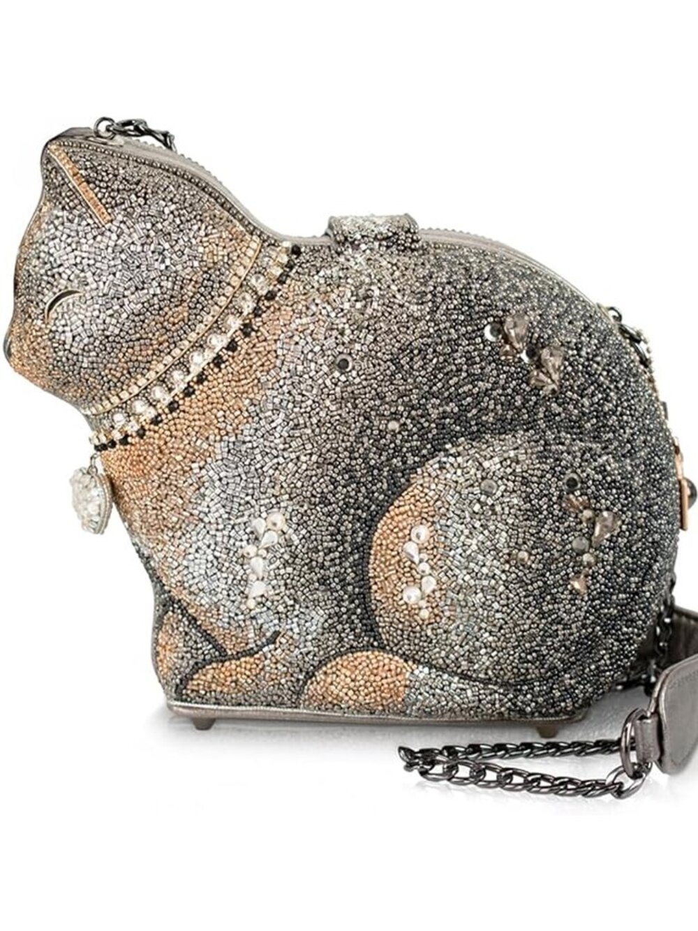Mary Frances Couture Cat Crossbody Beaded Handbag Kitty Bag Silver Gold Purse NW